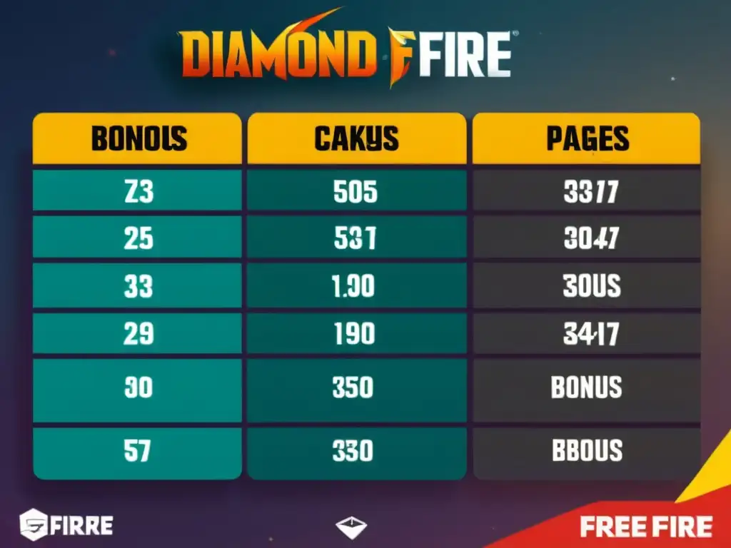 Comparación detallada de paquetes de diamantes en Free Fire, mostrando precios, cantidad de diamantes y bonificaciones