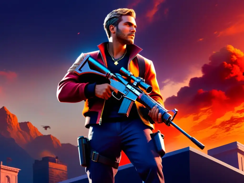 Ilustración detallada de un personaje de Free Fire en un atardecer intenso, con expresión determinada y arma poderosa