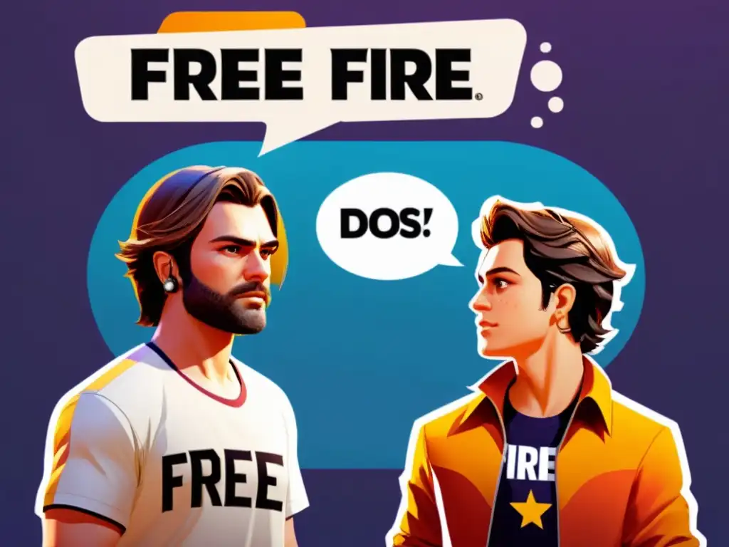 Ilustración detallada de un personaje de Free Fire en el chat del juego, con burbujas que muestran mensajes respetuosos y no respetuosos