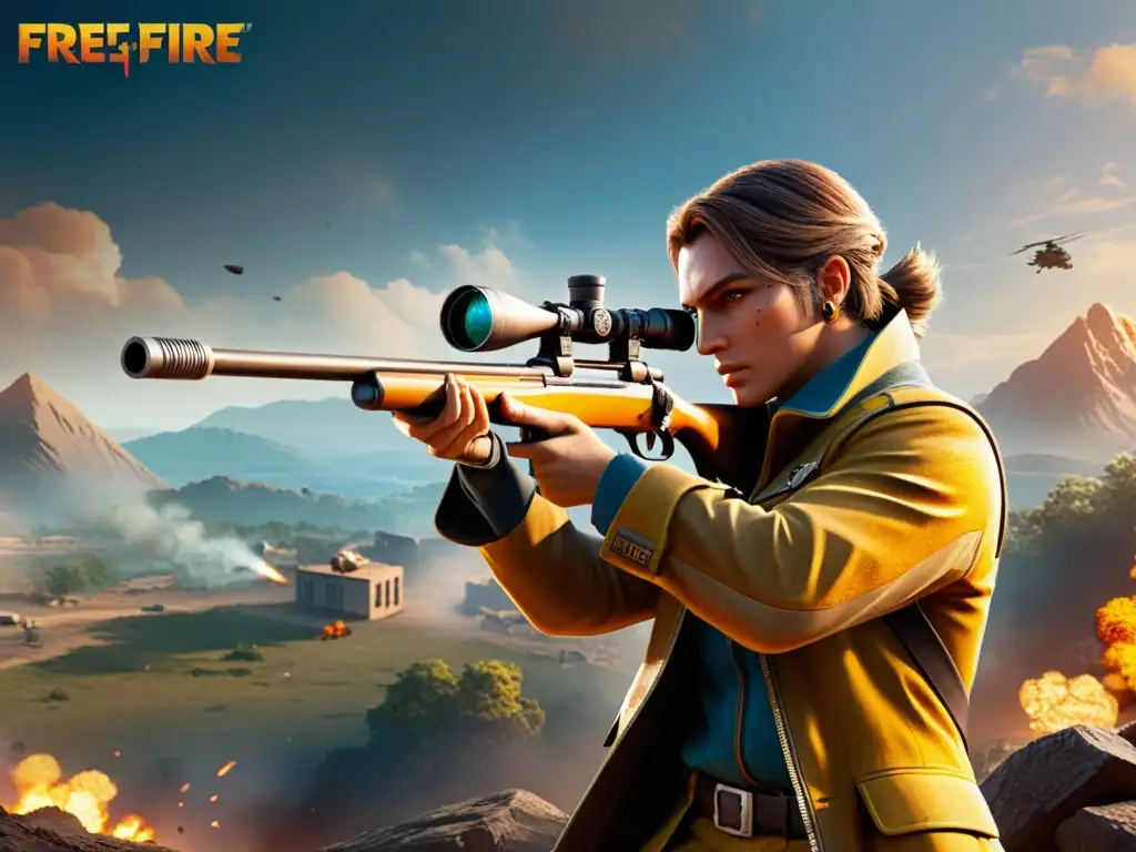 Ilustración detallada de personaje de Free Fire con francotirador, en pose dinámica y mirada determinada