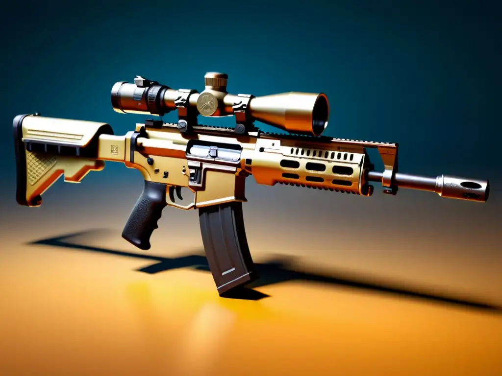 Detallado análisis visual de arma FreeFire: SCAR rifle con enfoque meticuloso, sofisticación y precisión