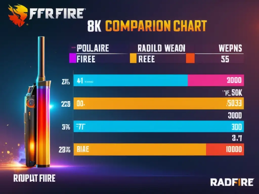 Un detallado gráfico 8k compara las armas de ráfaga en Free Fire, con colores vibrantes y escenas de acción emocionantes