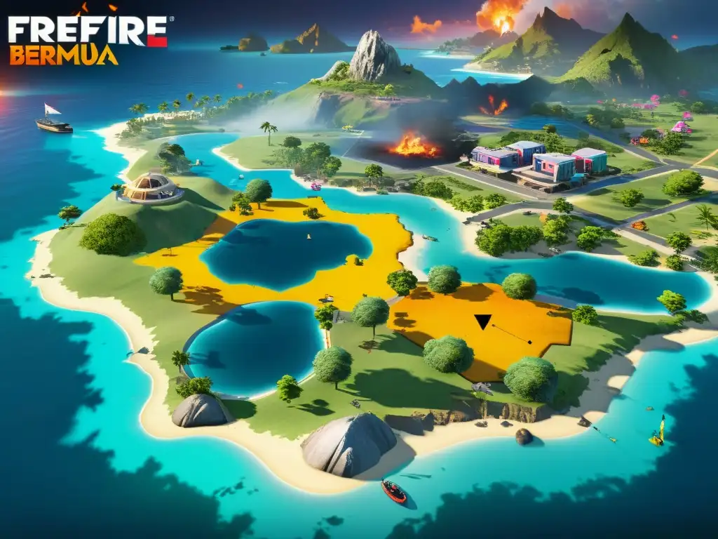 Un detallado mapa de juego de FreeFire en la isla Bermuda con estrategias recientes y puntos clave resaltados en colores vibrantes