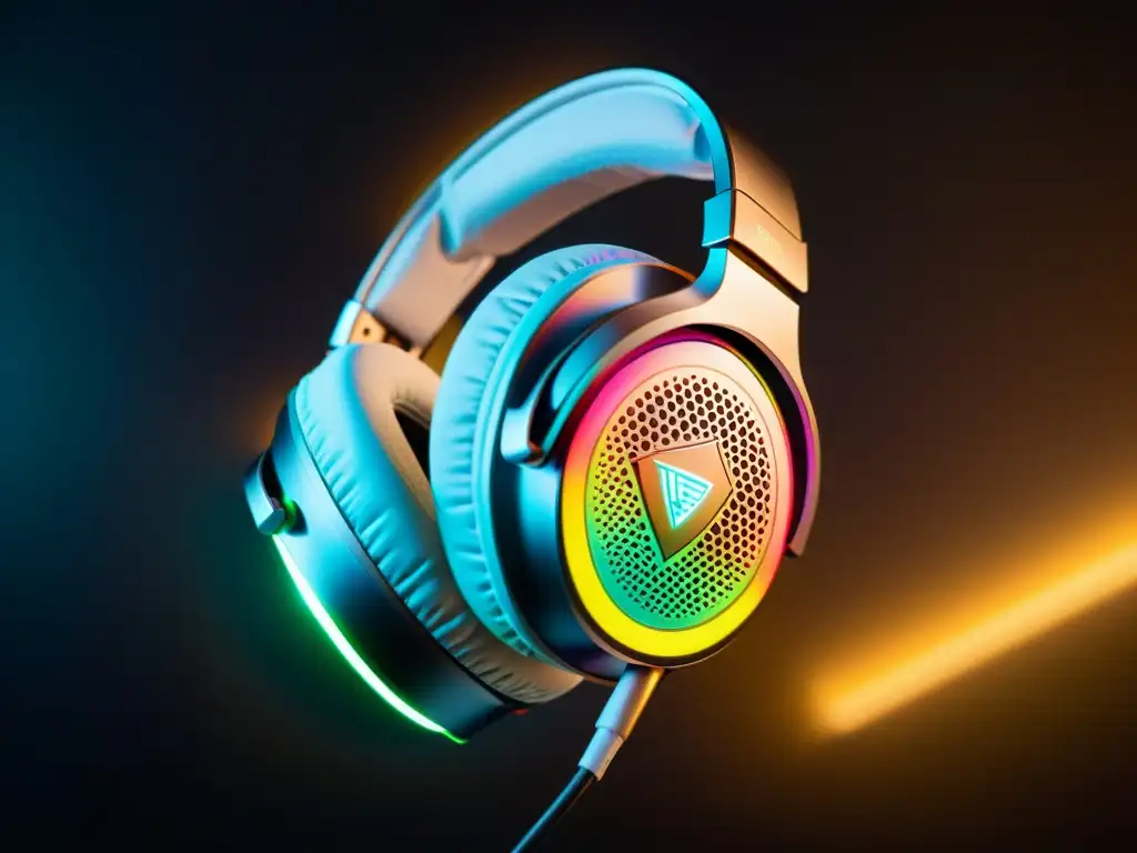 Detalle de auriculares gaming con iluminación RGB y diseño futurista, para escuchar pasos en gaming de alta tecnología