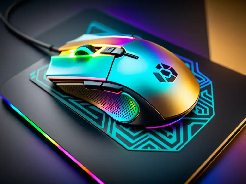 Detalle de mouse gaming de alta tecnología con accesorios para mejorar puntería en FreeFire, iluminación RGB y diseño futurista en mousepad