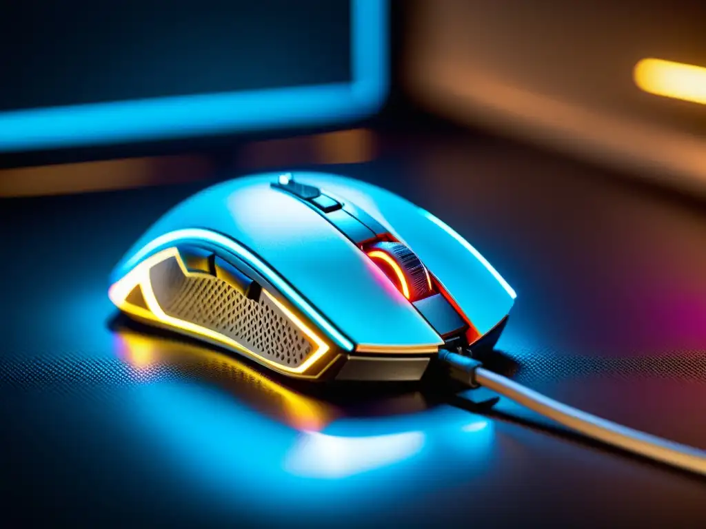 Detalle impresionante del botón de ajuste DPI de un mouse gaming, con iluminación RGB vibrante y diseño moderno