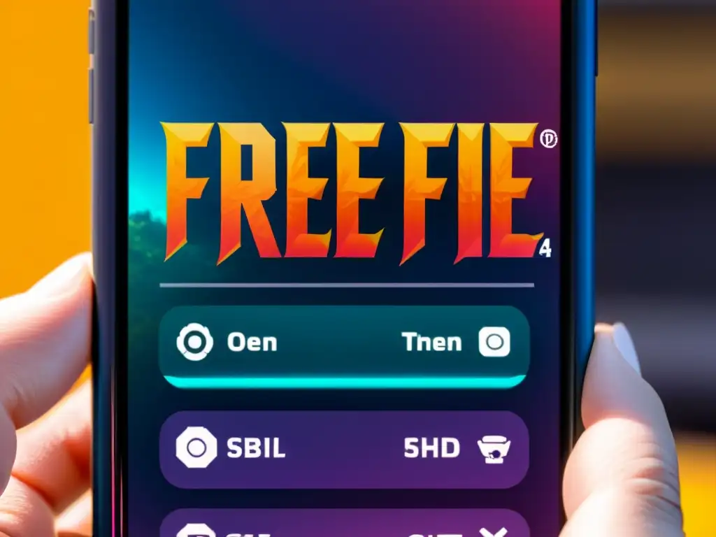 Detalle impresionante de la pantalla del smartphone con ajustes gráficos óptimos para Free Fire, mostrando una interfaz moderna y vibrante