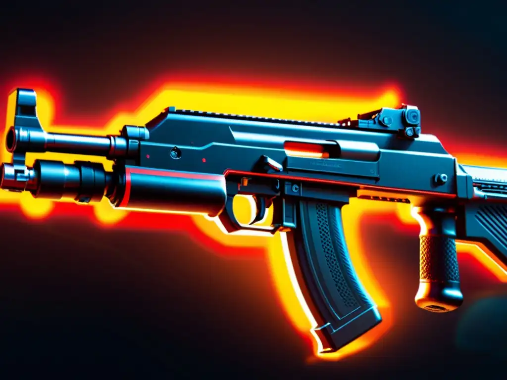 Detalle impresionante del rifle de asalto 'Inferno AK' en Free Fire 2023, con diseño futurista y detalles en rojo brillante