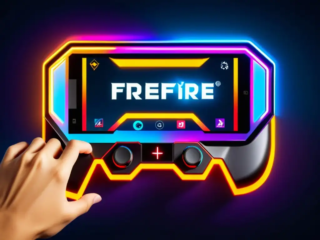 Detalle de pantalla táctil personalizada FreeFire: diseño futurista, LED vibrantes y botones personalizables