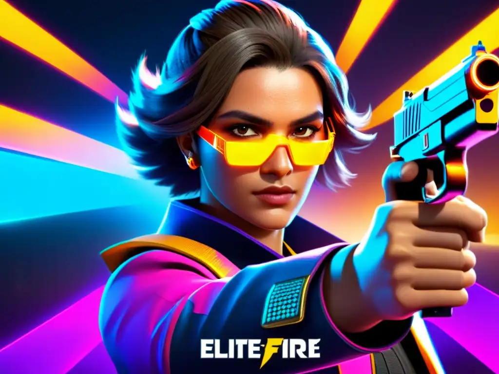 Detalle de Pase Élite Free Fire con vibrantes skins y escenario futurista, exudando exclusividad y poder