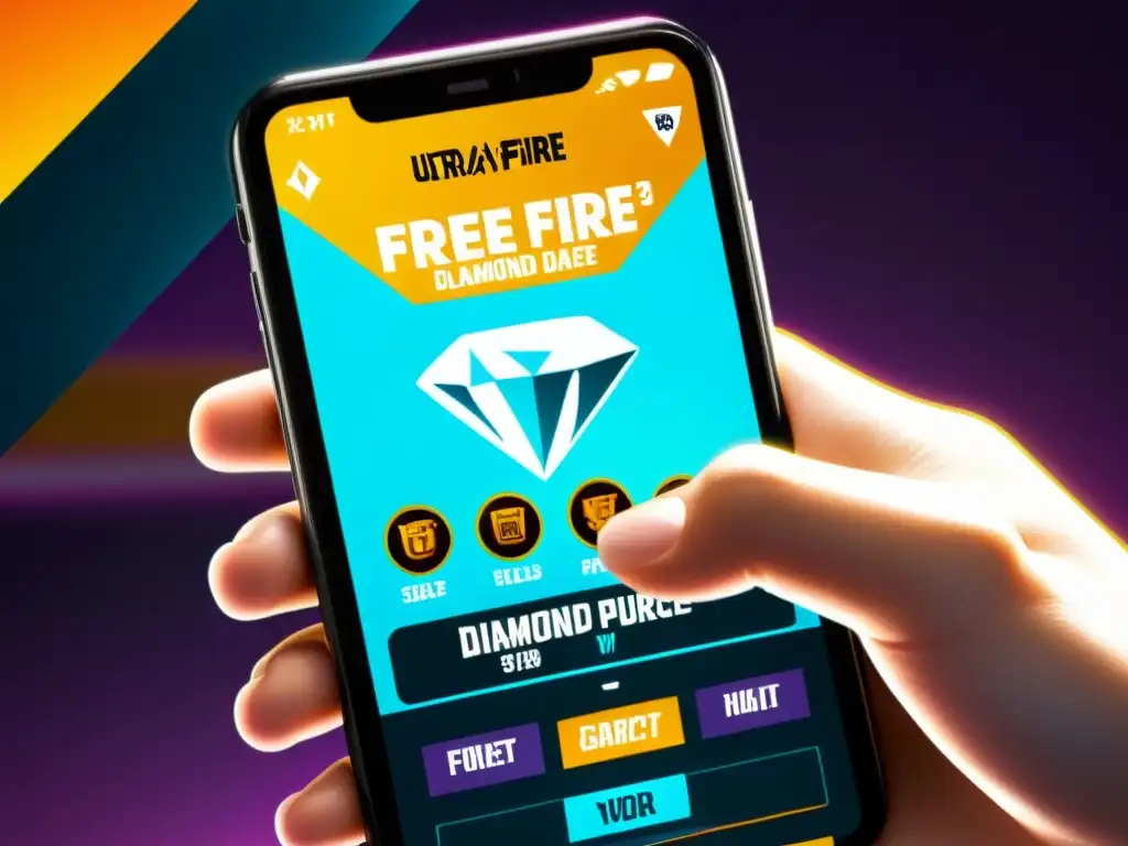 Detalle del smartphone mostrando las mejores ofertas de diamantes Free Fire, con gráficos futuristas y vibrante interfaz, invitando a la compra