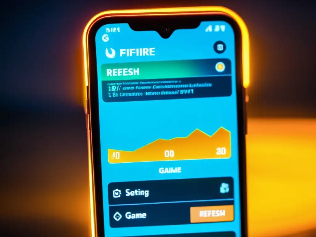 Detalle ultrarrealista de pantalla de smartphone con ajustes de tasa de refresco en el juego FreeFire, mostrando intensidad y personalización técnica