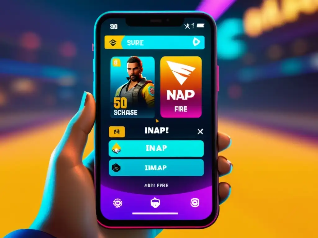 Detalle vibrante de compras inapp en Free Fire, con elementos virtuales tentadores y psicología de compra