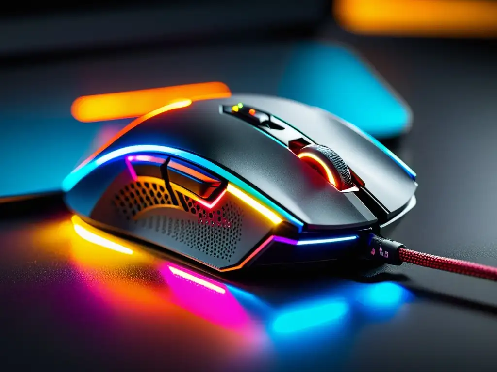 Detalles de un mouse gaming de alta gama iluminado por luces LED, sobre un escritorio futurista con el logo de Free Fire en el mouse pad