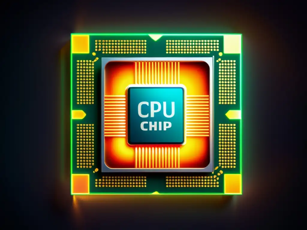 Detalles vibrantes de un chip de CPU iluminado en neon, destacando su avanzada tecnología