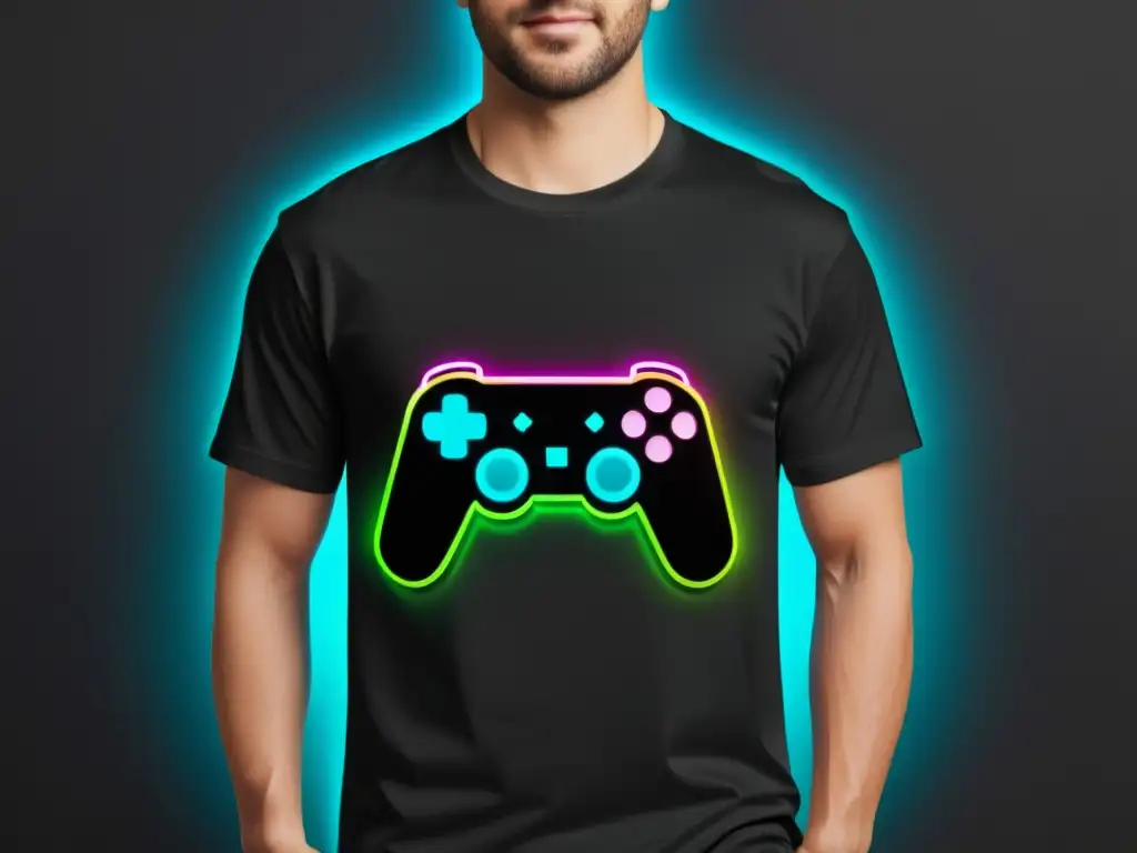 Diseño de merchandising para gamers: Camiseta negra con diseño minimalista de un control de videojuegos en colores neón sobre fondo oscuro digital