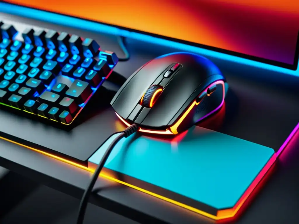 Diseño de merchandising para gamers: Conjunto de teclado y ratón gaming moderno, con iluminación RGB y elementos de alta tecnología