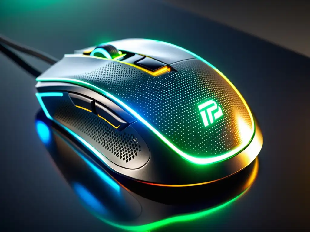 Diseño de merchandising para gamers: Detalle de un mouse gaming moderno con luces LED y diseño futurista sobre superficie reflectante