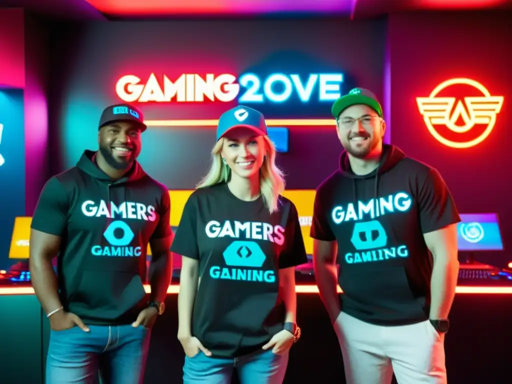 Diseño de merchandising para gamers: Grupo de jugadores con prendas personalizadas de diseño llamativo en un lounge futurista con equipos de alta tecnología y luces neón vibrantes, creando un ambiente emocionante y de camaradería