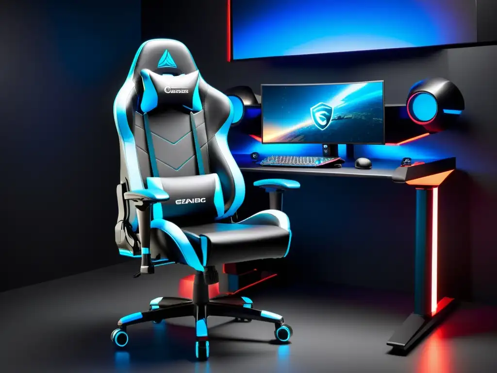 Diseño de merchandising para gamers: Una silla de juego moderna, con luces LED vibrantes y un estilo futurista en una configuración de juego de alta tecnología