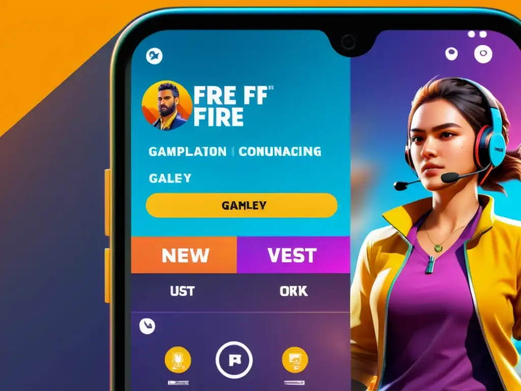 Un diseño moderno de Free Fire con chat respetuoso y vibrante acción en el fondo