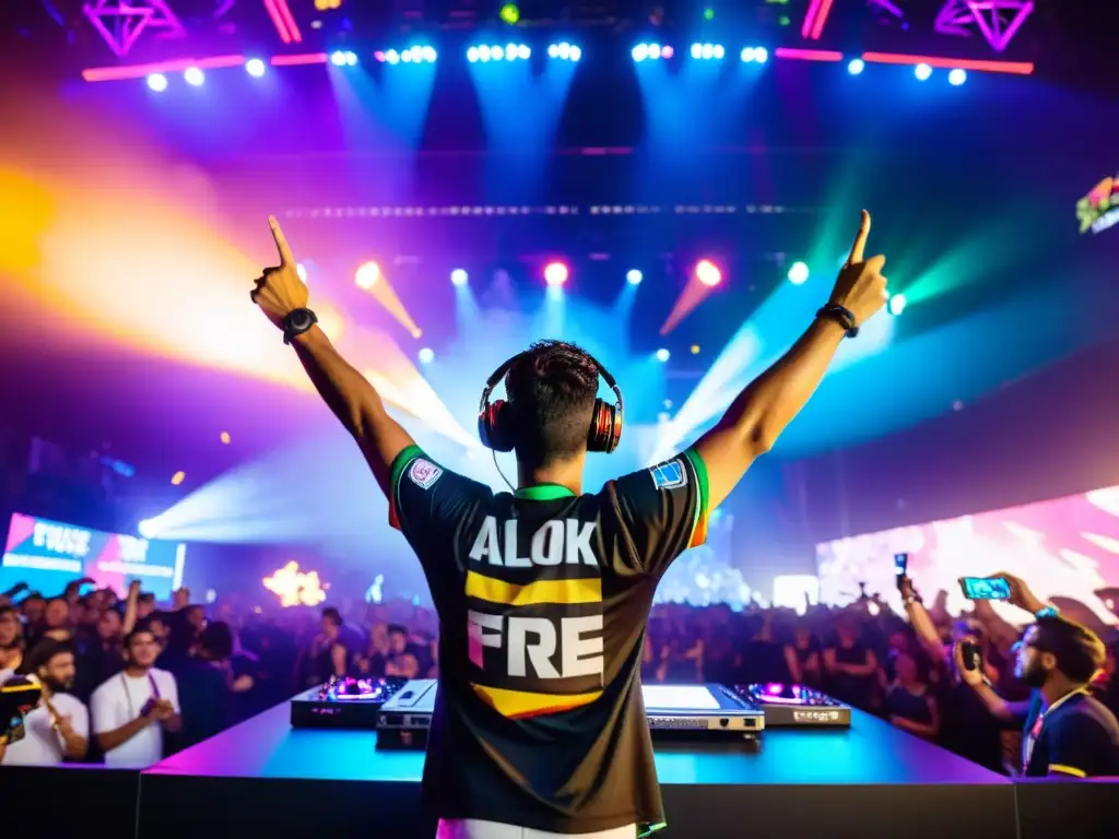 El DJ brasileño Alok actúa en vivo en un evento de deportes electrónicos de Free Fire, rodeado de una multitud dinámica y energética