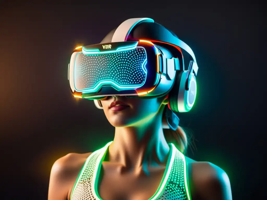 Un elegante casco VR en promoción FreeFire, con luces neón vibrantes y un diseño futurista