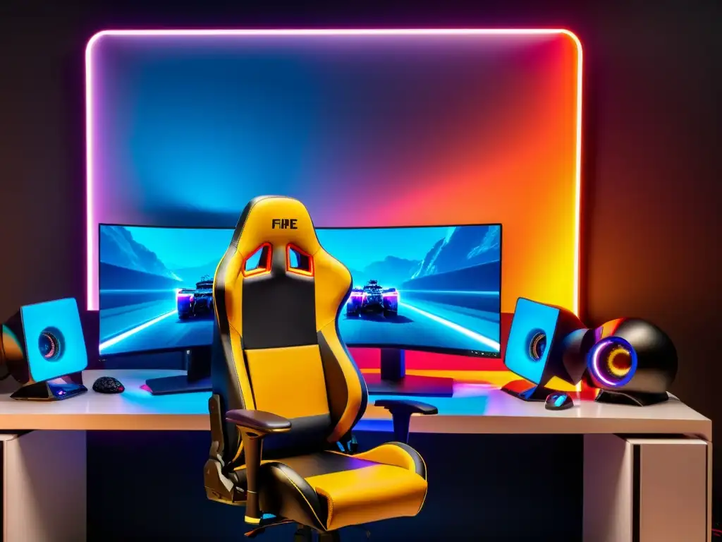 Una elegante y futurista configuración de juegos con un potente ordenador, monitores múltiples y una silla de gaming de alta gama