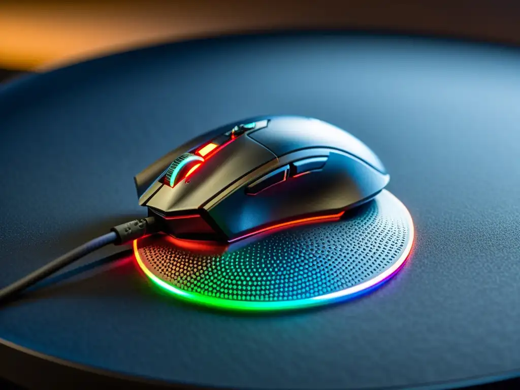 Un elegante ratón gaming con pesos personalizables y luces RGB sobre una superficie texturizada