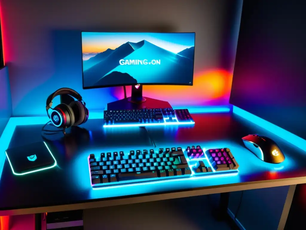 Un elegante y moderno setup gaming con teclado retroiluminado, mouse de alta DPI, mousepad extendido y auriculares con cancelación de ruido