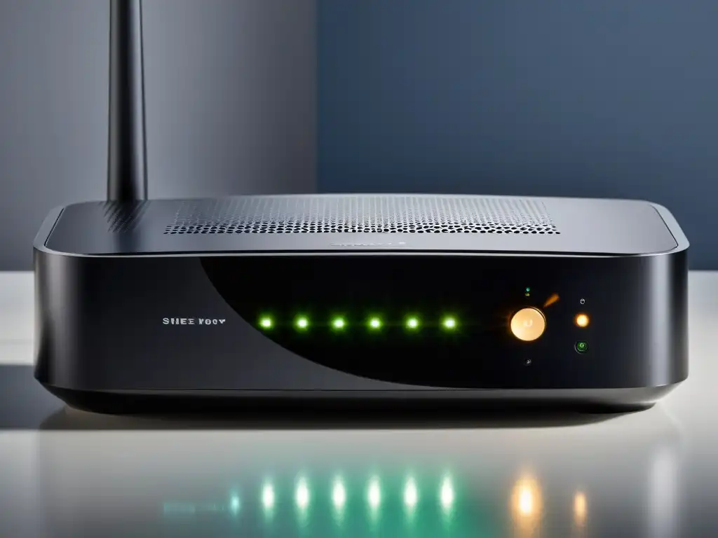 Un elegante router moderno con luces LED indicando encendido