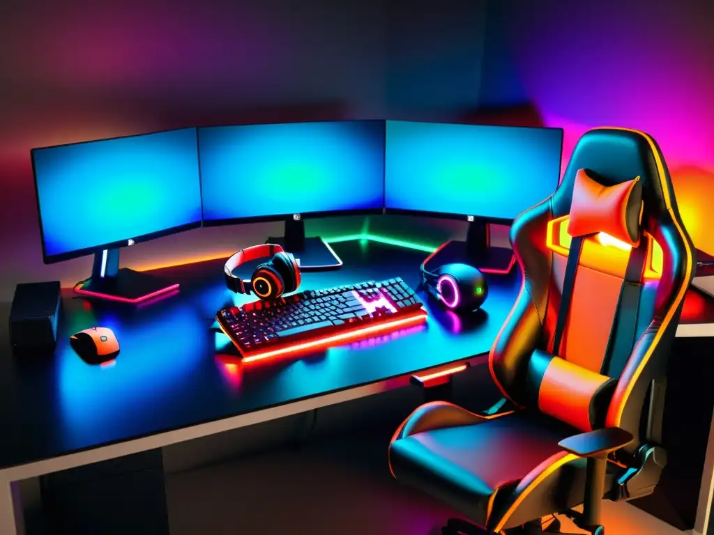 Un elegante setup de gaming con accesorios iluminados LED, incluyendo mouse, teclado, auriculares y mousepad