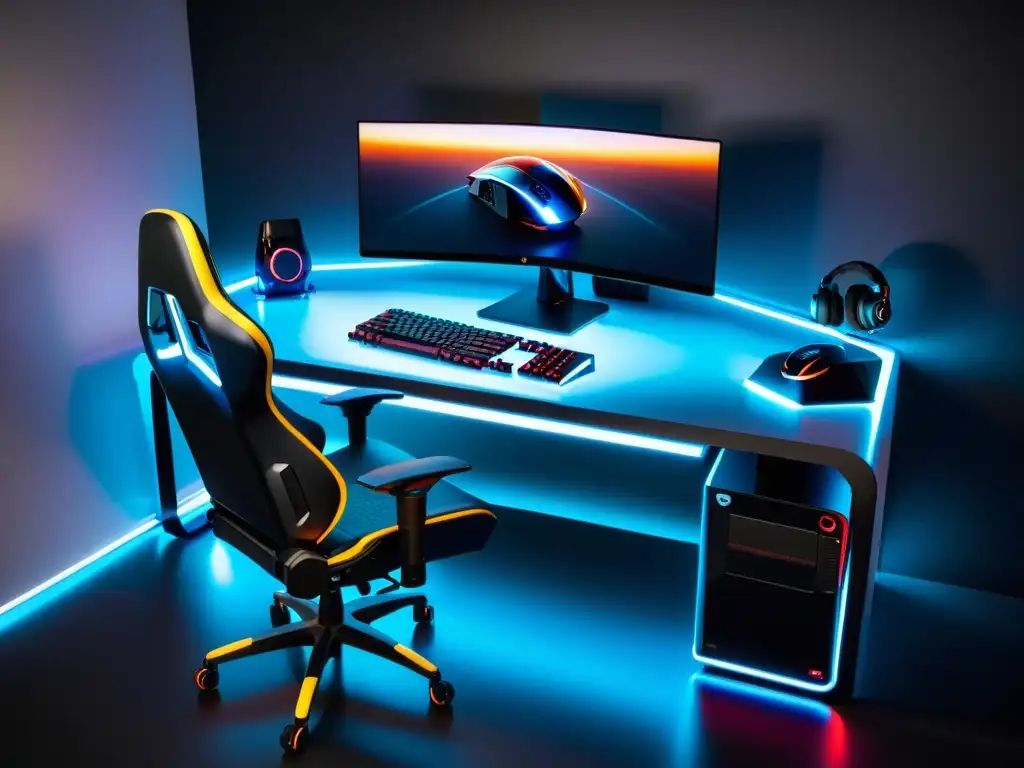 Un elegante setup de gaming con los mejores productos oficiales para Free Fire, en una habitación futurista y bien iluminada