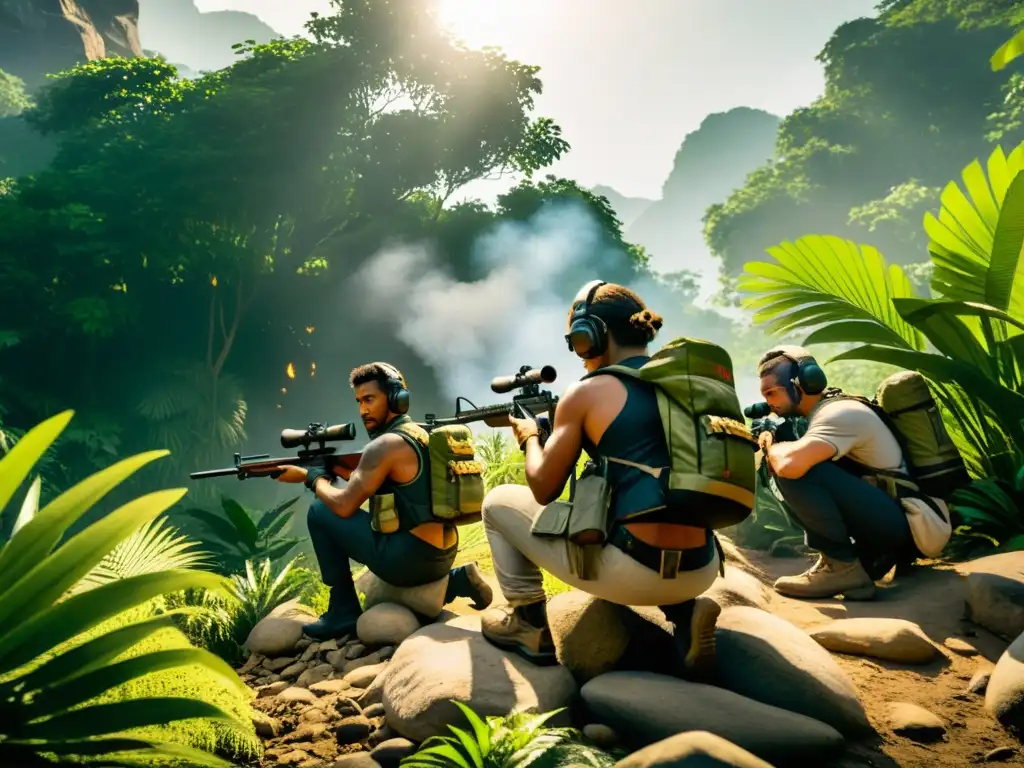 Emboscada mortal en Free Fire: Jugadores camuflados en la jungla, armando trampas y planeando su próximo movimiento en silencio