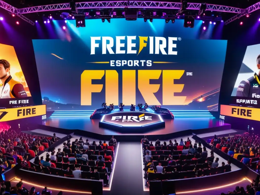 Emoción en evento de esports de Free Fire con jugadores profesionales y patrocinadores