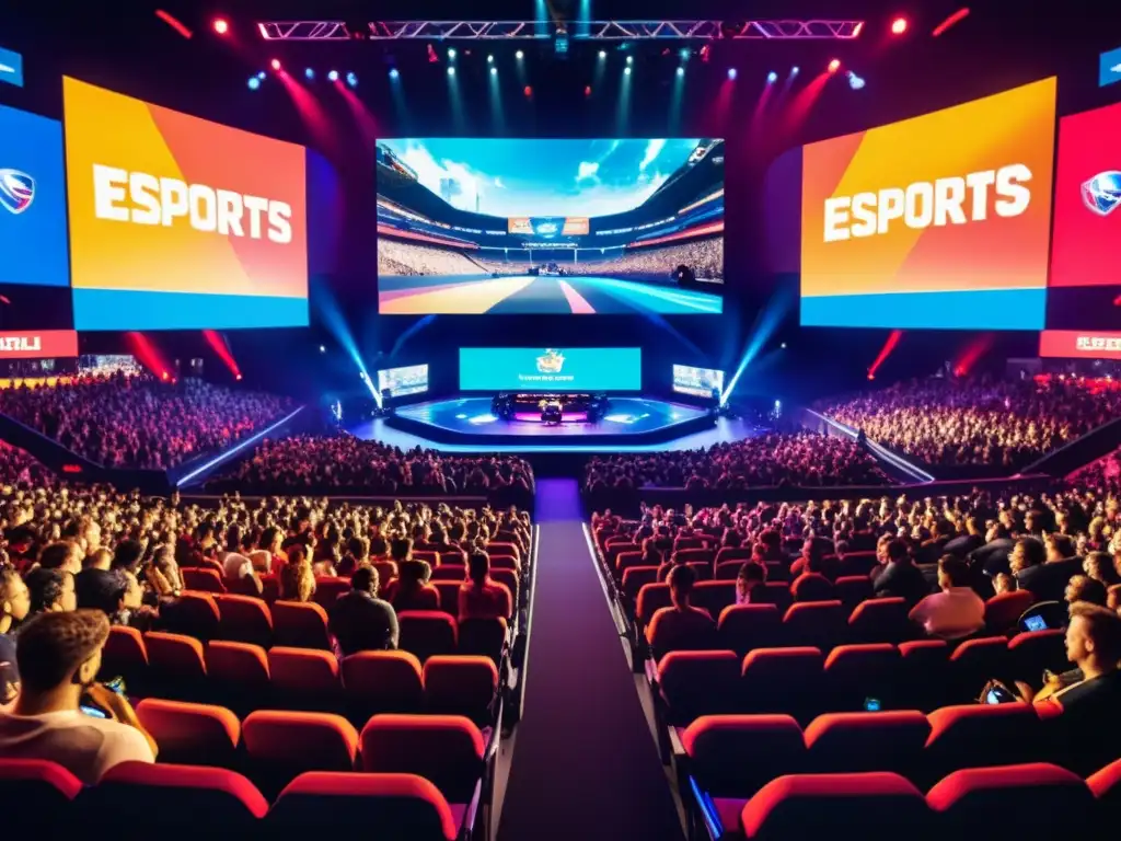 Emocionante arena de esports llena de acción, con gamers profesionales en el escenario principal, audiencia animada y pantallas LED vibrantes