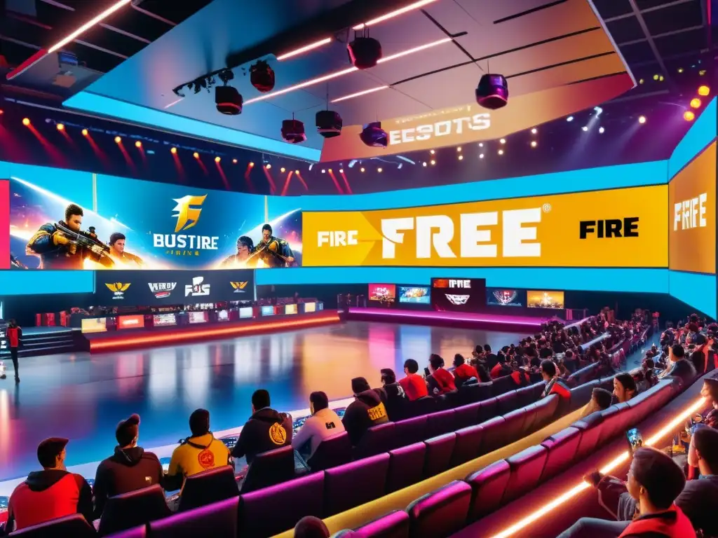 Emocionante arena de esports de Free Fire con patrocinios de las mejores marcas, jugadores profesionales compitiendo y fans vibrantes