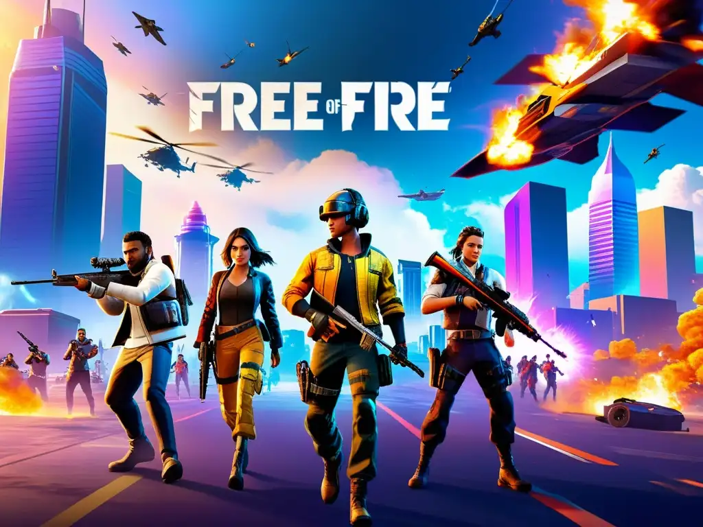 Un emocionante y dinámico escenario de Free Fire, con jugadores estratégicos y armas poderosas, refleja la emoción del juego y sus actualizaciones