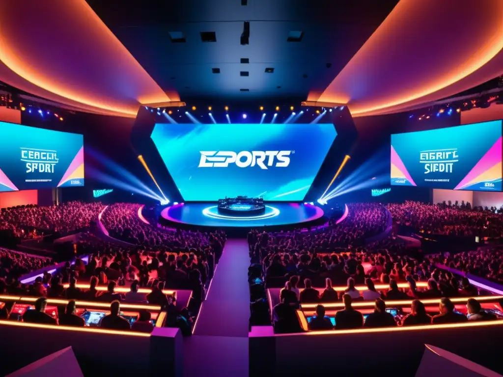 Un emocionante escenario de esports con competidores profesionales y una multitud diversa, iluminada por pantallas LED, capturando la emoción de invertir en patrocinios en Esports