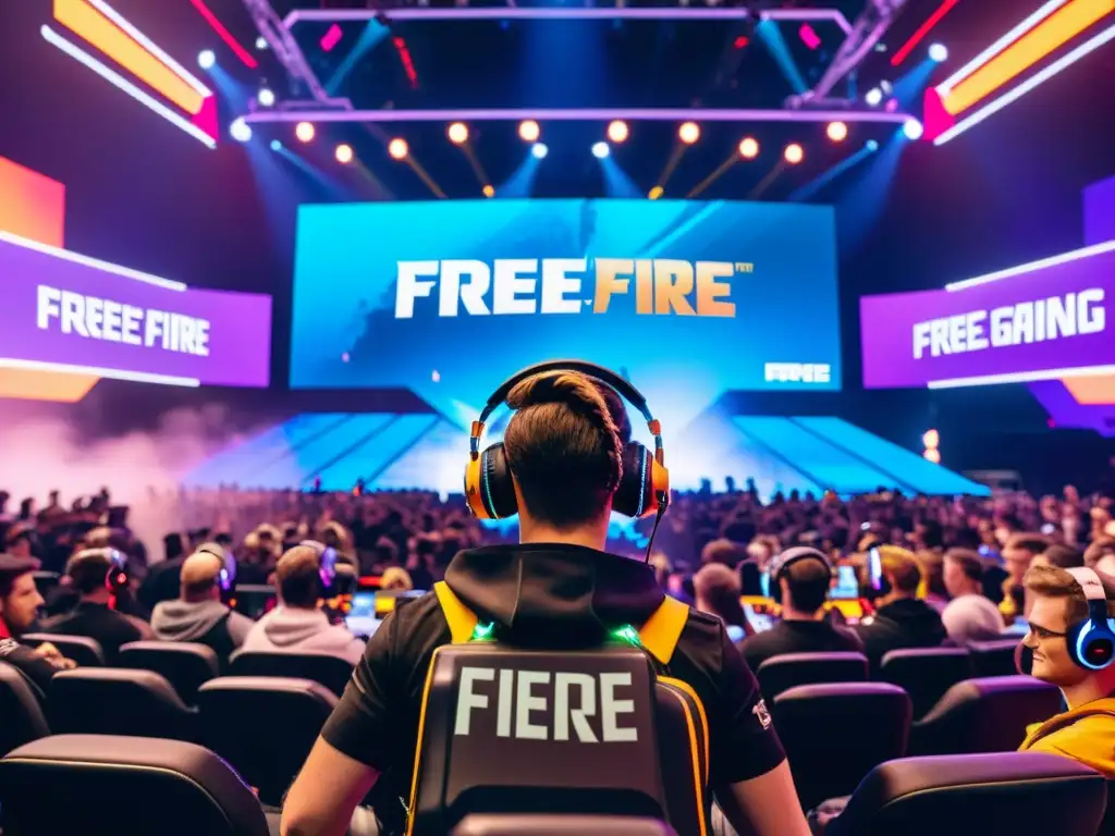 Emocionante evento de esports en Free Fire con patrocinios en una arena futurista llena de luces de neón vibrantes y un gran display holográfico