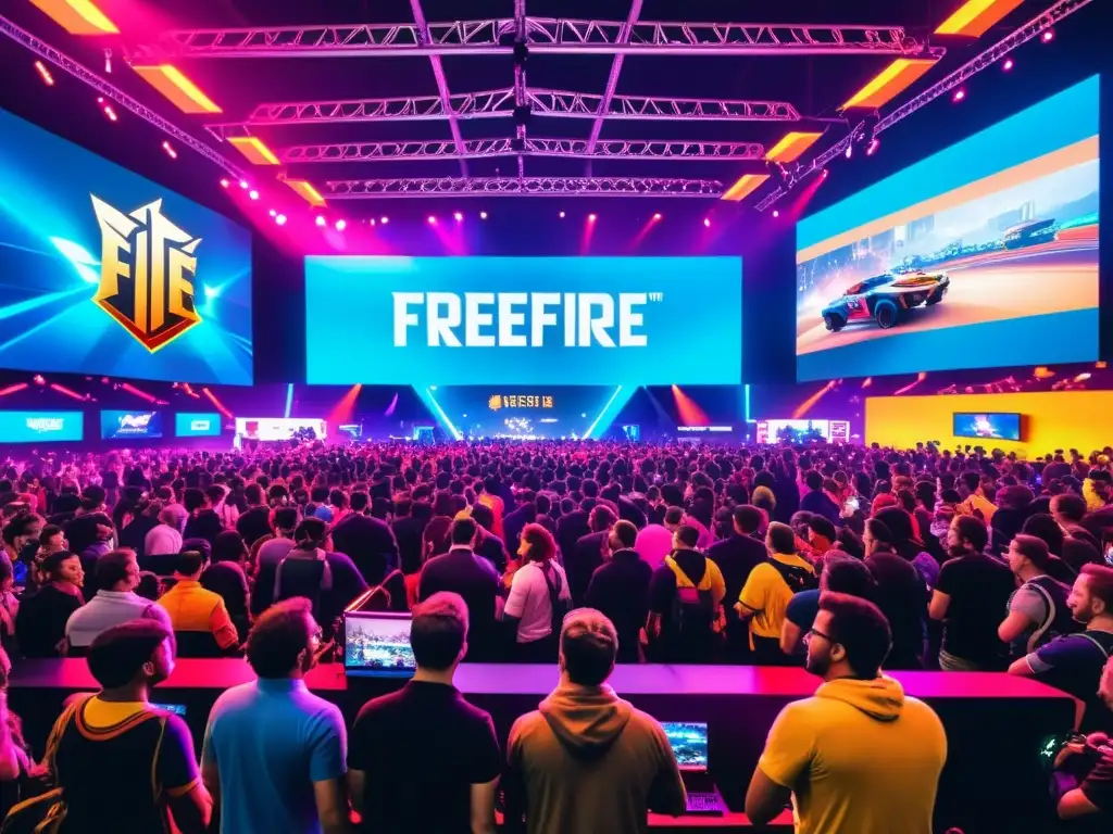 Un emocionante evento de lanzamiento en FreeFire, con jugadores probando el juego y una atmósfera vibrante llena de luces y energía