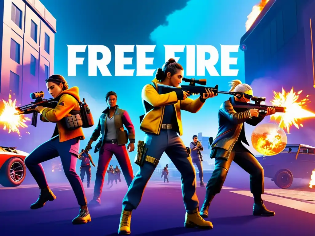 Un emocionante gameplay de Free Fire con jugadores en combate estratégico en un escenario urbano futurista