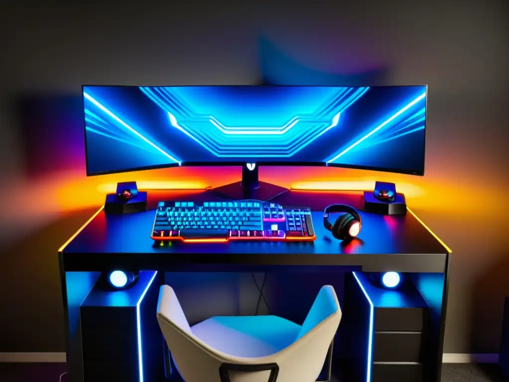 Un emocionante setup gaming con luces LED en tonos futuristas, perfecto para la decoración gamers