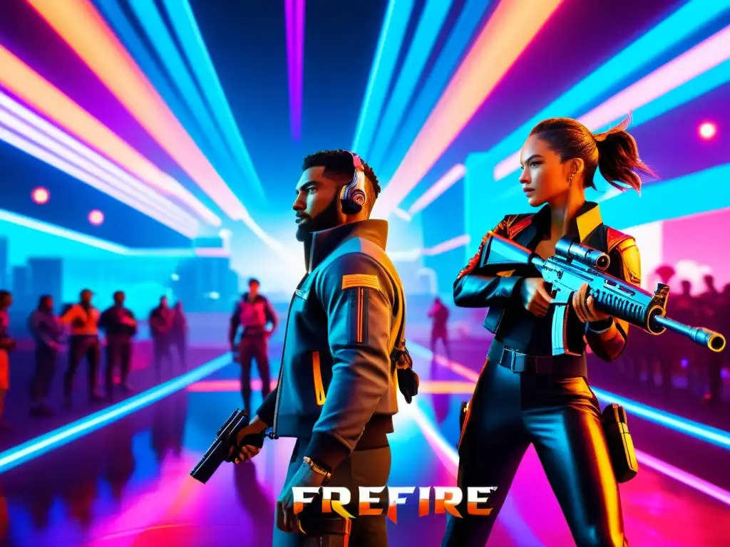 Enfrentamientos épico FreeFire Clash Universe: Dos personajes en vibrante batalla futurista, con expresiones intensas y energía poderosa en sus armas