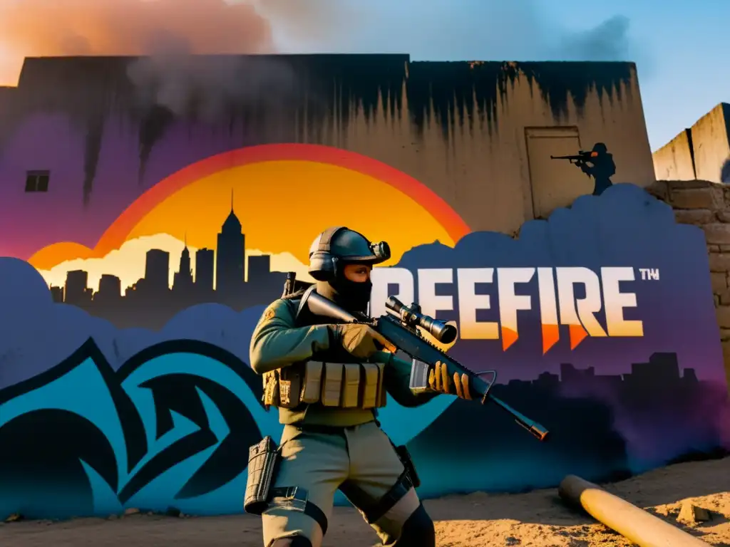 Guía para aprovechar entorno FreeFire: Jugador estratégico utiliza graffiti como cobertura en urban warfare al atardecer neblinoso