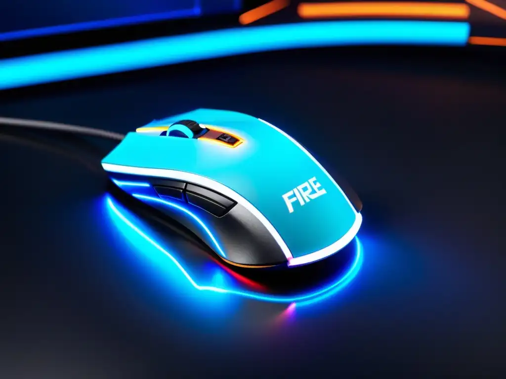 Un entorno de juego inmersivo con un moderno ratón gaming para FreeFire, iluminado en azul, conectado a una PC de última generación