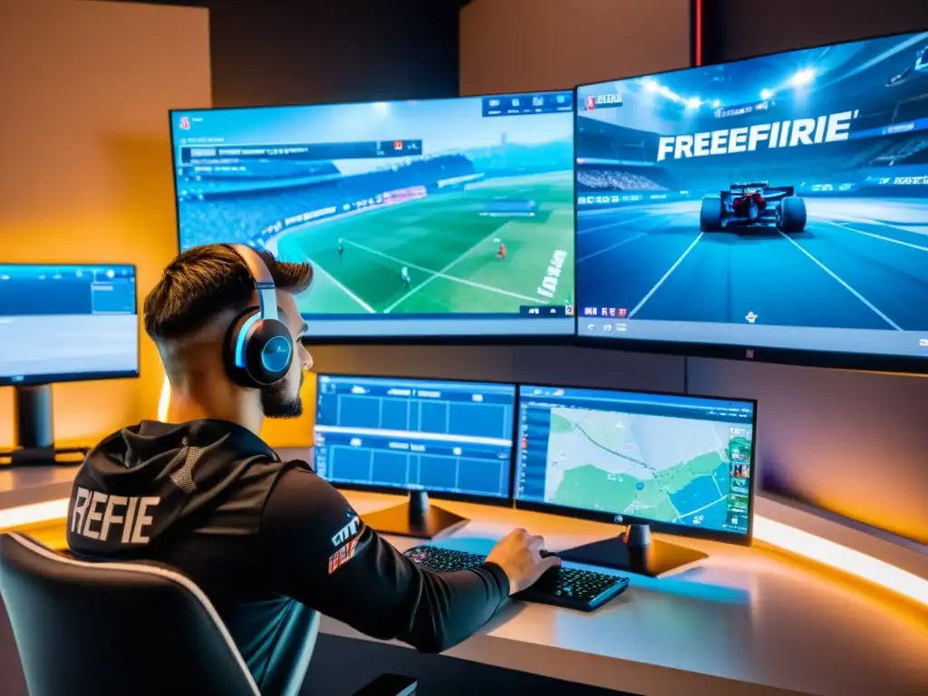 Un entrenador profesional de esports analiza partidas de FreeFire en un setup de triple monitor