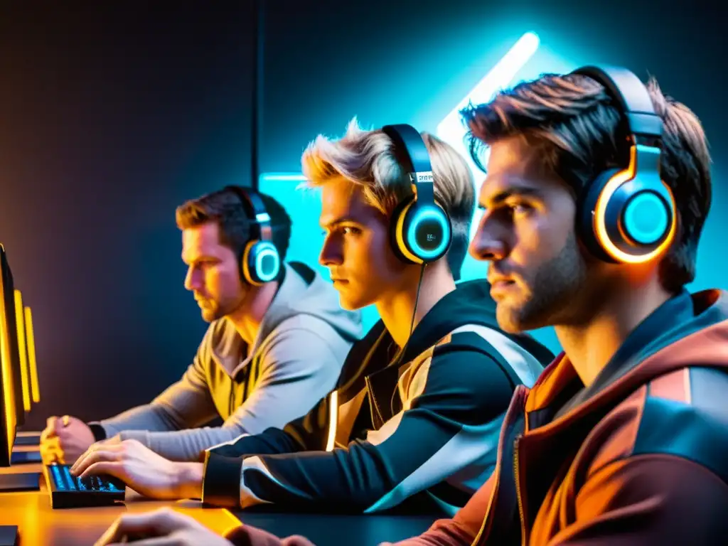 Entrenamiento mental para Free Fire: Jugadores concentrados en la oscuridad, enfocados en sus pantallas con auriculares