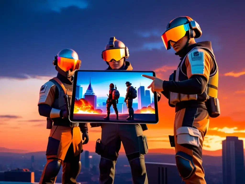 Equipo de FreeFire coordina ataques especiales en una ciudad futurista al atardecer