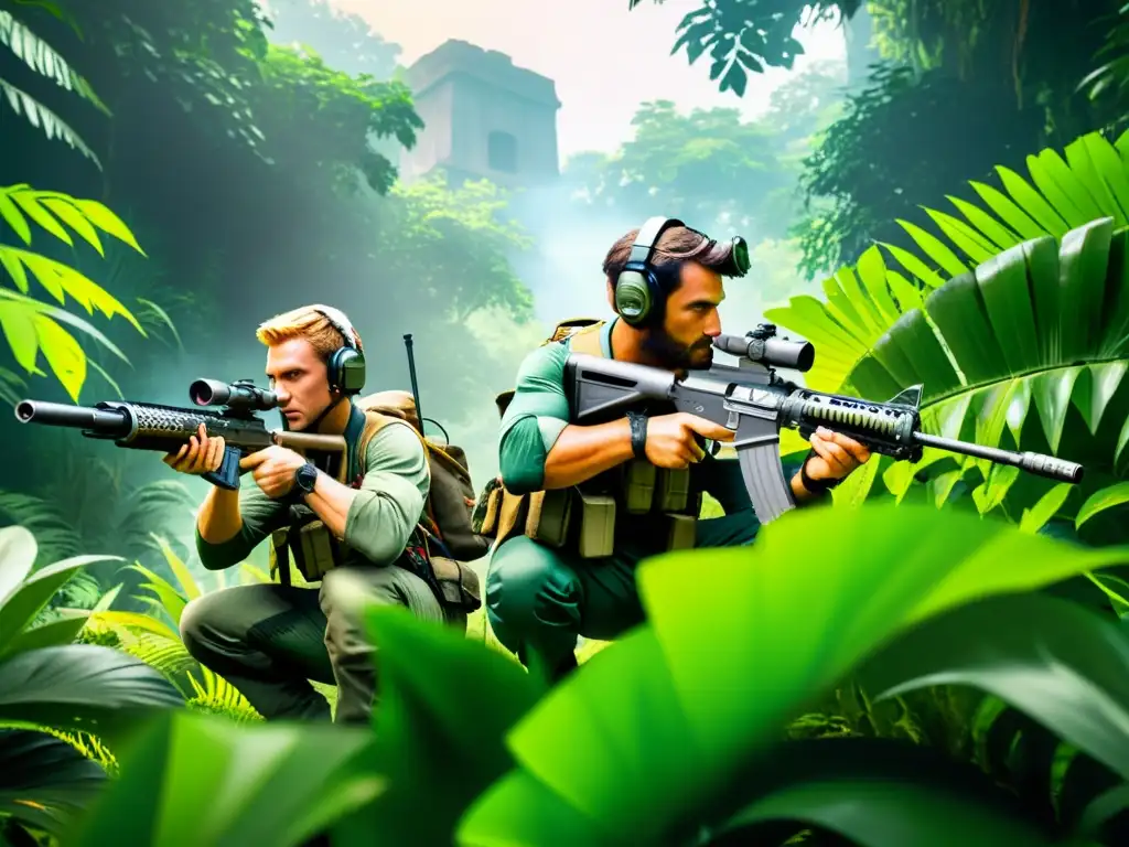 Equipo de FreeFire planeando ataques sorpresa en la densa jungla, con enfoque y determinación